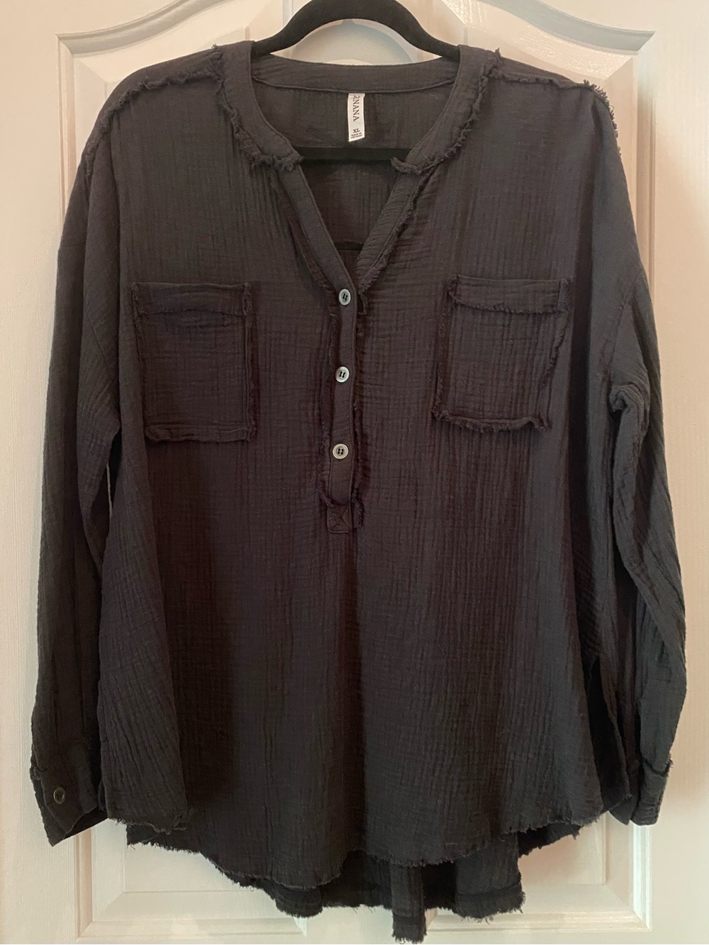 Zenana Outfitters Black Relaxed Fit Gauze Shirt with Fraying